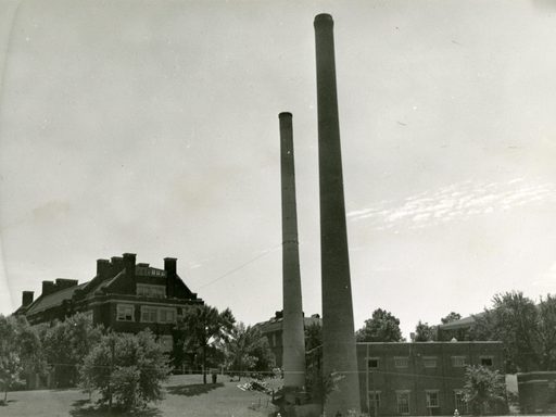 1941 photo of the physical plant, showing the original and new stacks