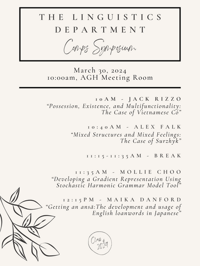 Linguistics comps symposium poster for spring term 2024