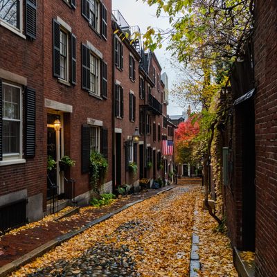 Brick Buildings and Cobblestone Street in Fall, Boston