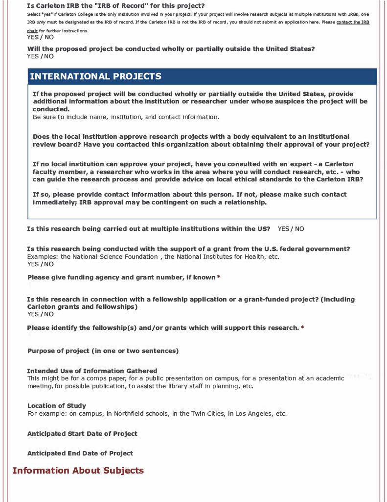 Sample Application Form – Institutional Review Board (IRB) – Carleton ...