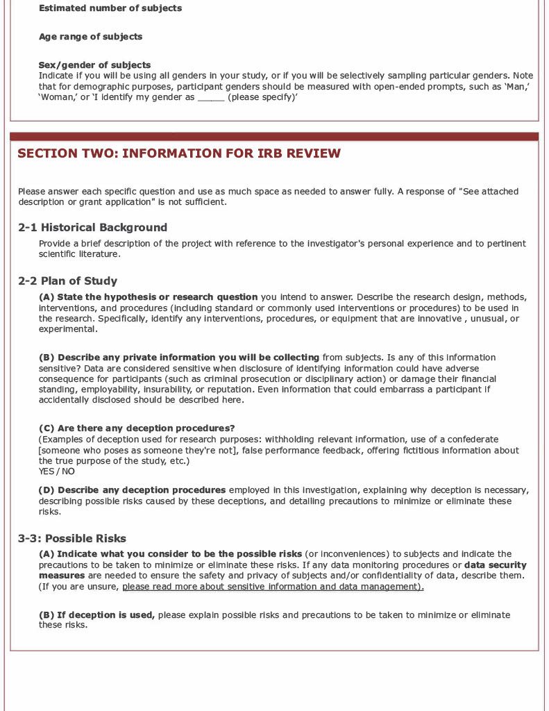 Sample Application Form – Institutional Review Board (IRB) – Carleton ...