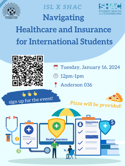 Poster for Navigating Healthcare and Insurance for International Students Session