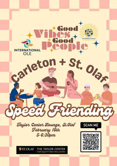 Colorful poster advertising the speed friending event on 2/16/2024 at the Taylor Center Lounge.
