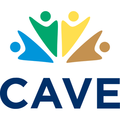 CAVE logo with four stick-like figures in half circle.