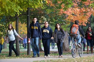 People walking and biking on campus