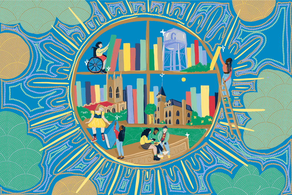 Illustration of Carleton students working together to organize books.