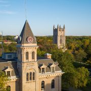 Aerial photo of Willis Hall and Skinner Chapel in the background.