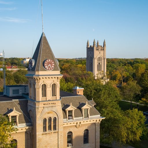 Aerial photo of Willis Hall and Skinner Chapel in the background.