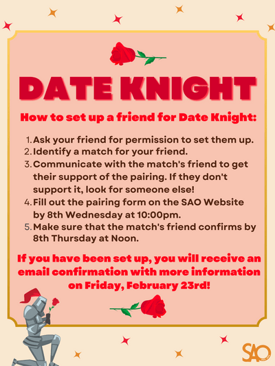 Poster with instructions about how to nominate and individual for a date during the Date Knight event.