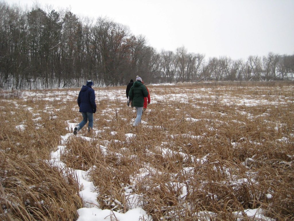 Students walking through Kettle Hole Marsh in the winter.