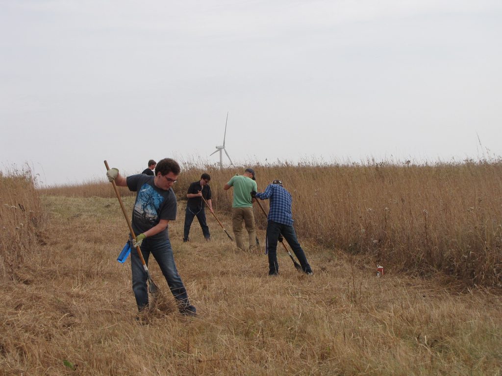volunteers rake before starting a burn