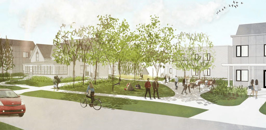 Rendering of student housing along a residential street