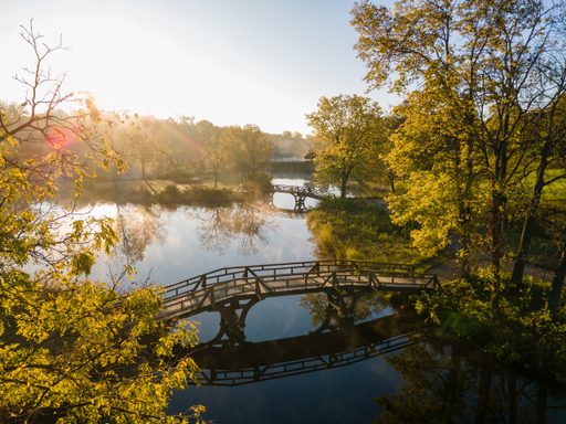 fall aerial view of Lyman Lakes and the bridge