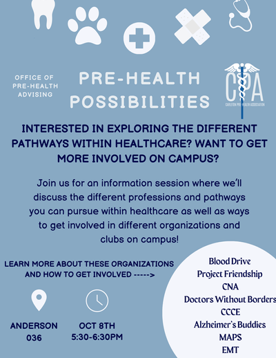 Pre Health possibilities poster with information also contained in calendar post.
