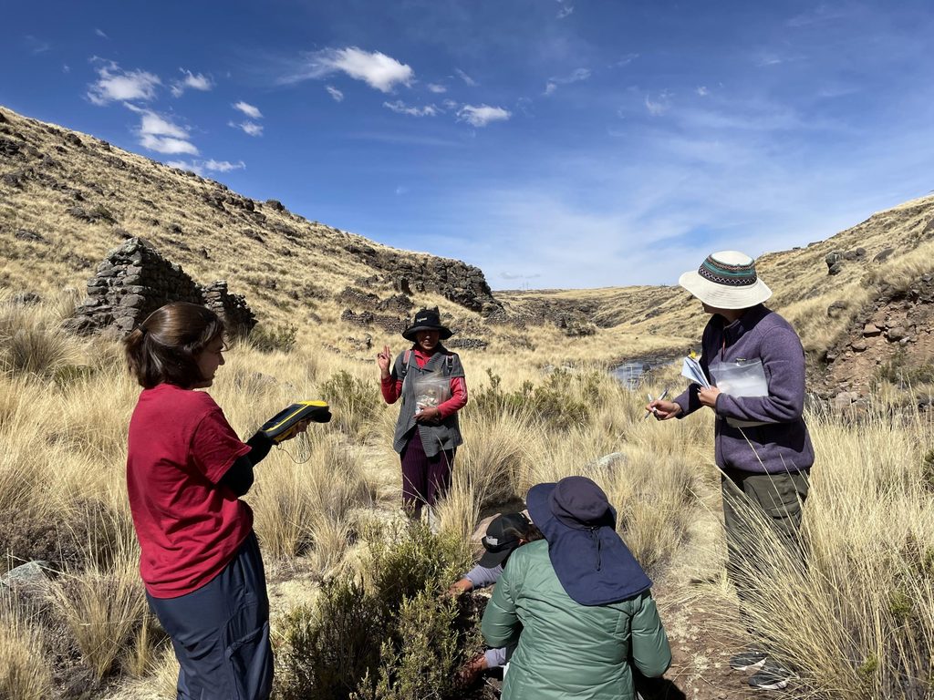 CCCE Fellow Sophie Baggett (right, purple coat) interviews archaeologists as they collect soil, plant, and water samples from the ruins of a contaminated historic silver refinery near Puno, Peru. (Photo by Sarah Kennedy)