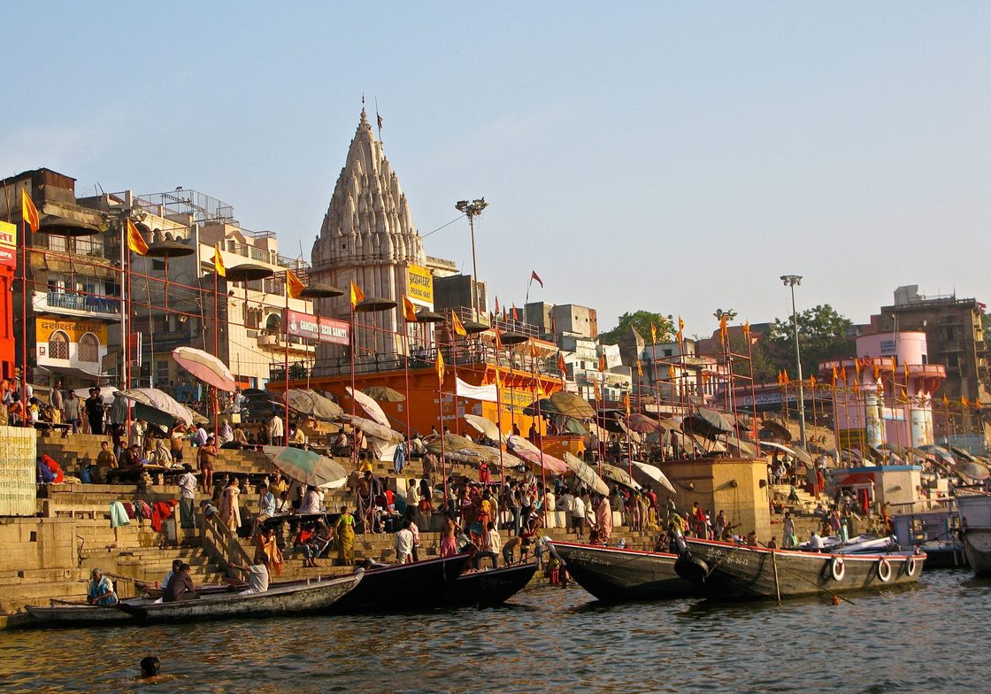 Morning bathers in the Ganges River at Varanasi.
