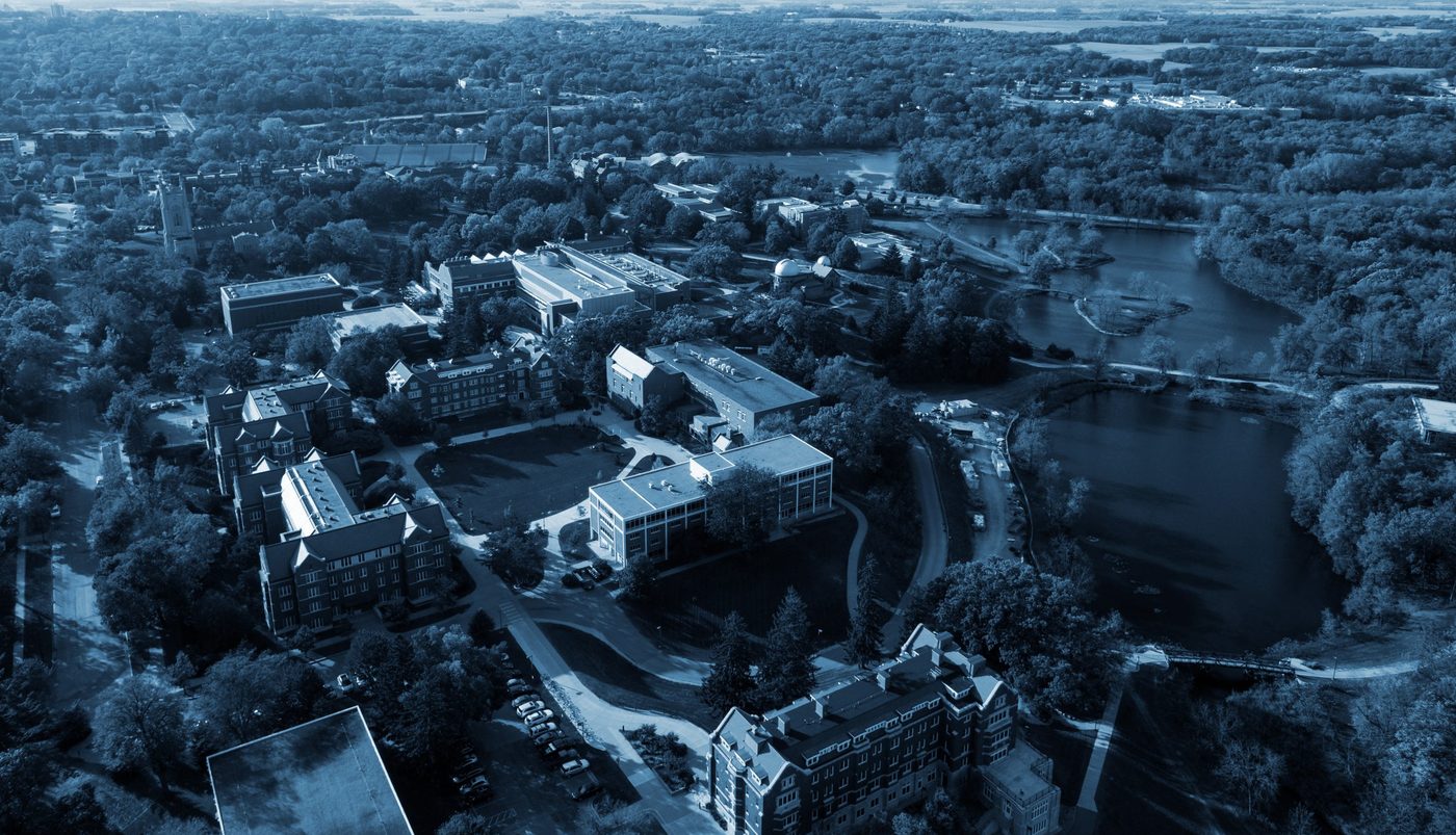 Aerial view of campus with blue filter