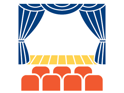 Theater stage with seats and drawn curtain icon