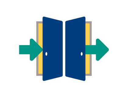 two blue doors opening in opposite directions with green arrows pointing right.