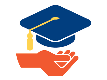 icon of orange hand palm-up underneath a blue graduation cap