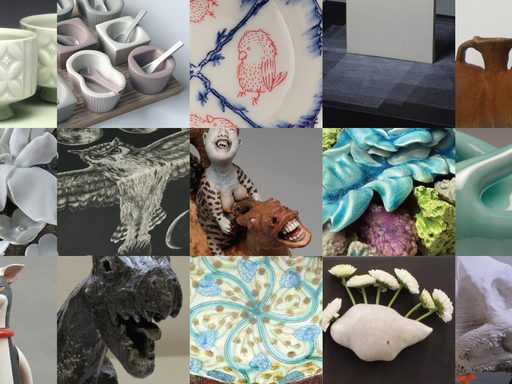 The exhibit features works by 16 ceramicists.
