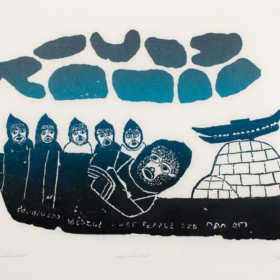 illustration of a giant person with five smaller people, an igloo, and several colored shapes