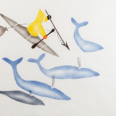 Illustration of a person in a kayak attempting to spear small whales