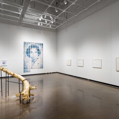 Installation image of the faculty show. Jade Hoyer's large installation of prints that come together to create an image of her mother as a nurse sits in the center of the image. Stephen's sculpture, a gold covered segmented tree on stilts, is to the left and in front of Jade's work. To the right there are four prints by Eleanor Jensen framed in wood. These prints are too far away to see the details.