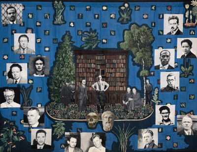 A large textile collage showing the faces of famous artists and other historical figures across a field of blue, with trees, leaves, and flower imagery