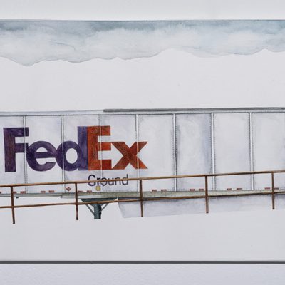 watercolor painting on stretched paper featuring the image of an orange guardrail in front of a FedEx truck with the suggestion of a mountain horizon line in the background. The painting features these subjects and the rest of the paper is untouched