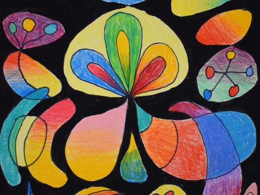 Bright colors of purple, green, blue, red, orange, and yellow fill overlapping petal shapes and rounded forms within a loose grid against a black background.
