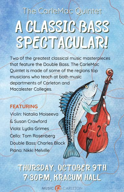Strings faculty recital poster. Imagery includes fish playing violin