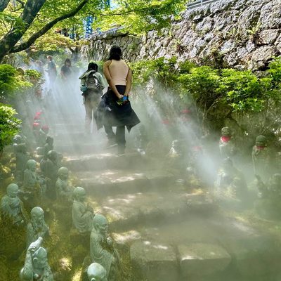 A line of students walking up a foggy outdoor stairway surrounded by statues