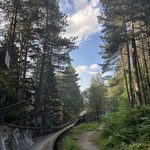 An overgrown bobsled track outlines the edge of a hiking trail winding its way through the mountains near Sarajevo, Bosnia and Herzegovina
