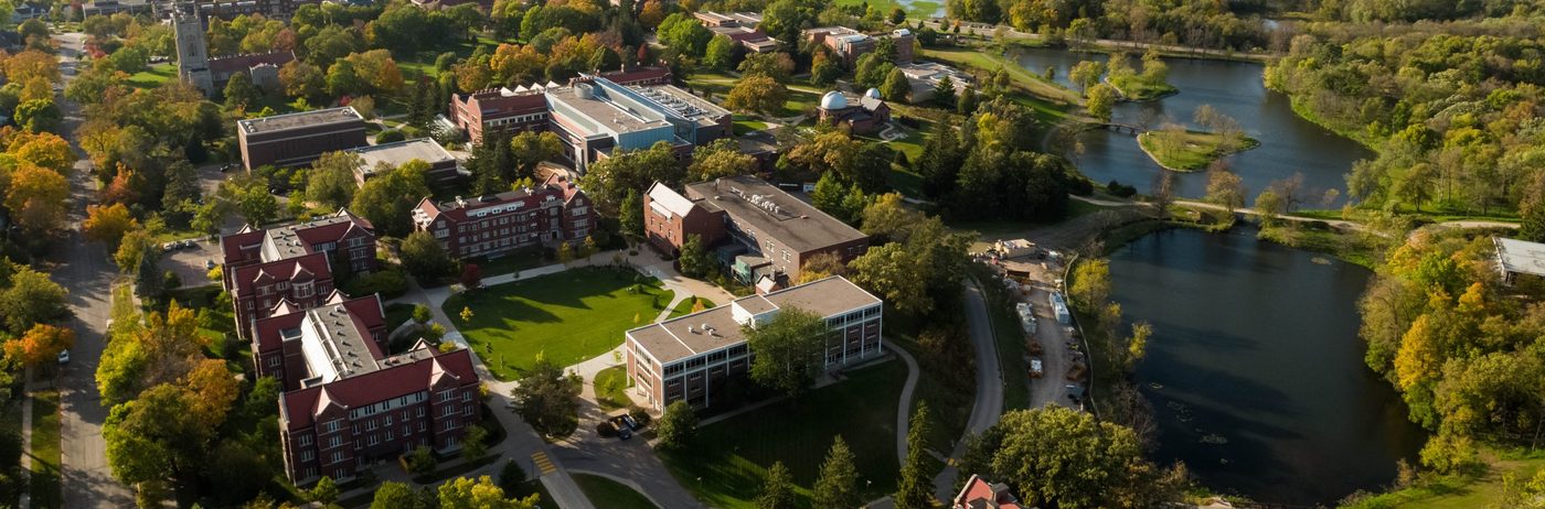 Aerial view of the Carleton College campus, showing the Lyman Lakes
