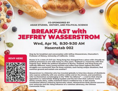 Breakfast with Jeffrey Wasserstrom, 4/16, 8:30-9:30AM, Hase 002