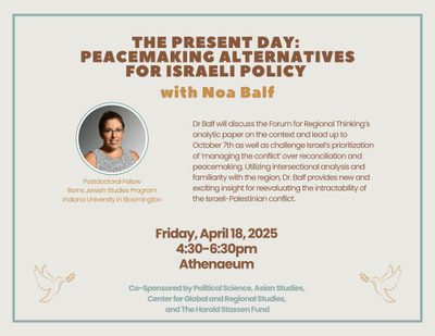 The Present Day: Peacemaking Alternatives for Israeli Policy with Noa Balf Friday, April 18, 4:30-6:30 pm, Athenaeum at Gould Library