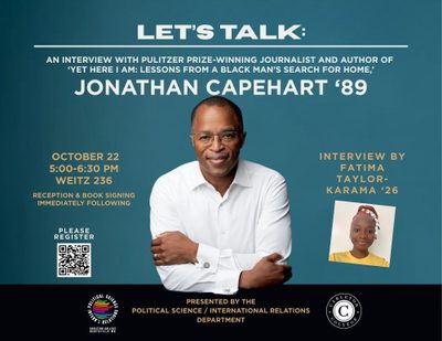 Flyer announcing a book tour interview with Jonathan Capehart showing a professional black man arms crossed leaning on a desk.