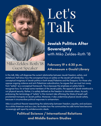 Young man with curly brown hair and facial hair in a sage green hoodie
