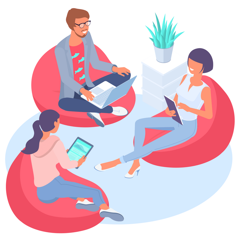 Vector-style cartoon of three students. Each student is sitting on a soft, red cushion chair, and each is holding a laptop or tablet.