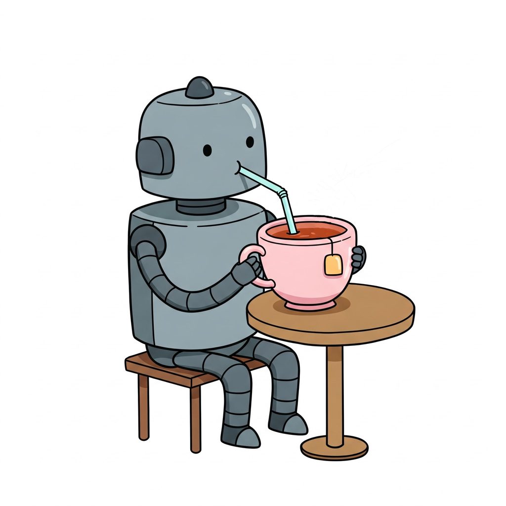 Grey robot sitting on stool, sipping tea out of big pink mug with a straw. Image created by Sydney Lenz, '28, with the help of generative AI.