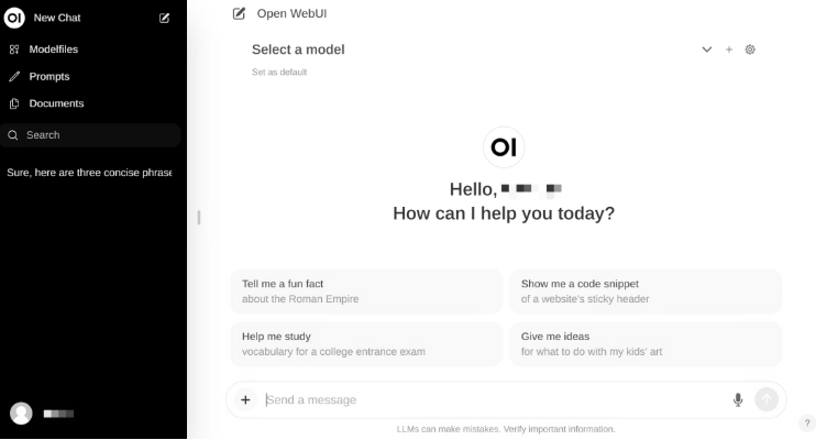 open-webUI interface with prompt screen and left hand navigation.