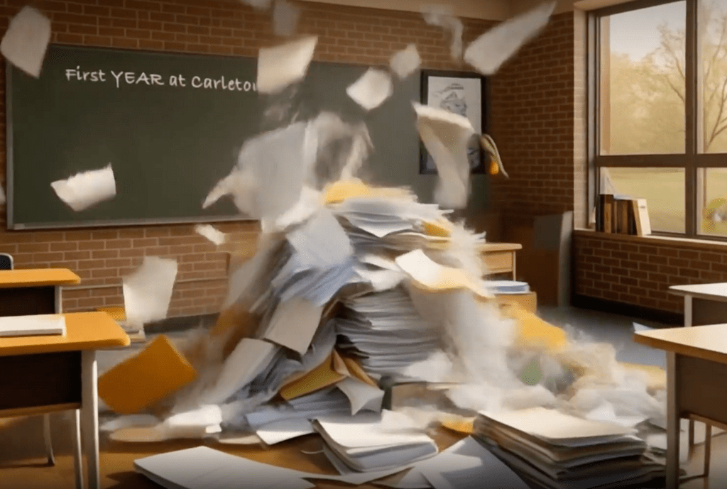 Paper pile in classroom