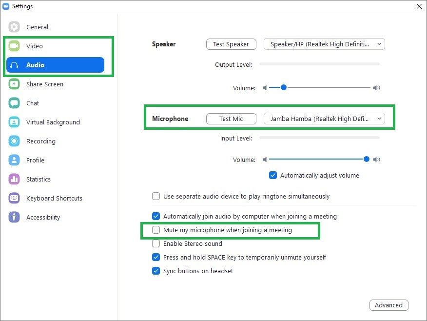 Audio settings