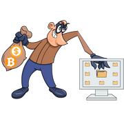 Cartoon thief stealing computer files while holding a bag of money and Bitcoins