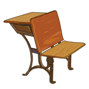 Cartoon drawing of a 19th-century wood school desk.