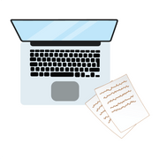 Vector image of laptop and two sheets of paper with writing on them.