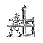 Image of a man working an old printing press. The image is done in the woodblock style.