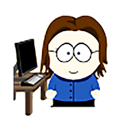 Janet as a character in the Southpark comic style, standing next to a cartoon computer screen and keyboard on a table.