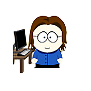 Janet as a character in the Southpark comic style, standing next to a cartoon computer screen and keyboard on a table.